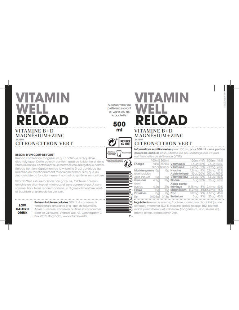 Vitamin Well RELOAD 500ml Boissons vitaminées